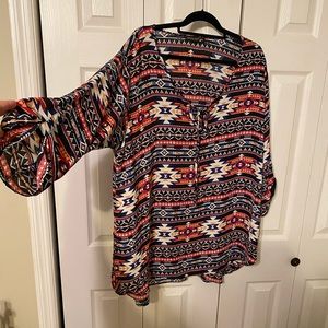 Adorable Aztec Print Blouse- Cute Button Sleeve